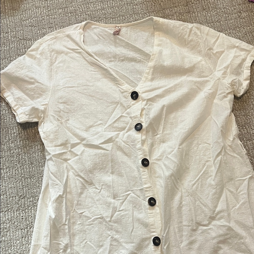 Linen Blend Button Cream Midi Dress